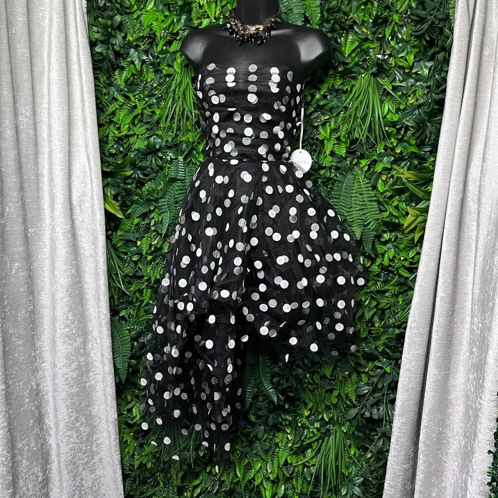 Luxxel Dress Small Black White Polka Dot Tulle High Low Strapless Party 4131